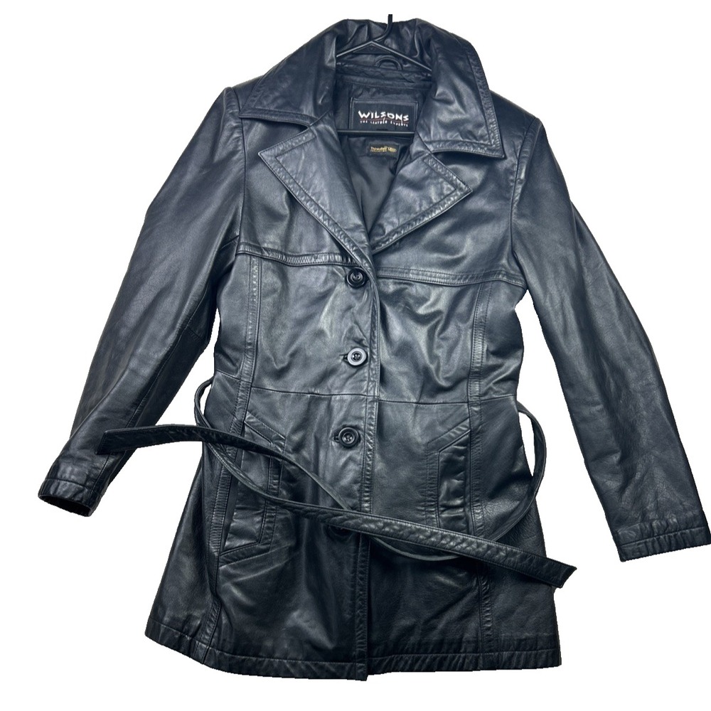 Wilsons Solid Leather Trench Coat M Black Belted Thinsulate Matrix Gothic 90s